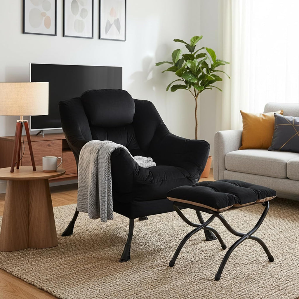 Welnow Lazy Chair with Ottoman, Modern Accent Chair with Armrests and a Side Pocket, Leisure Sofa Armchair, Reading Armchair with Footrest for Small Space, Black