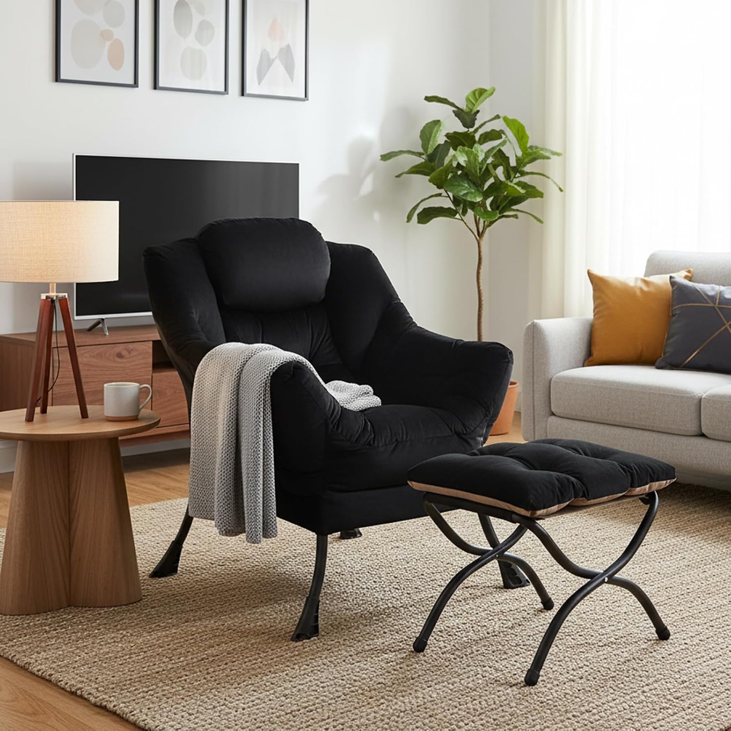 Welnow Lazy Chair with Ottoman, Modern Accent Chair with Armrests and a Side Pocket, Leisure Sofa Armchair, Reading Armchair with Footrest for Small Space, Black