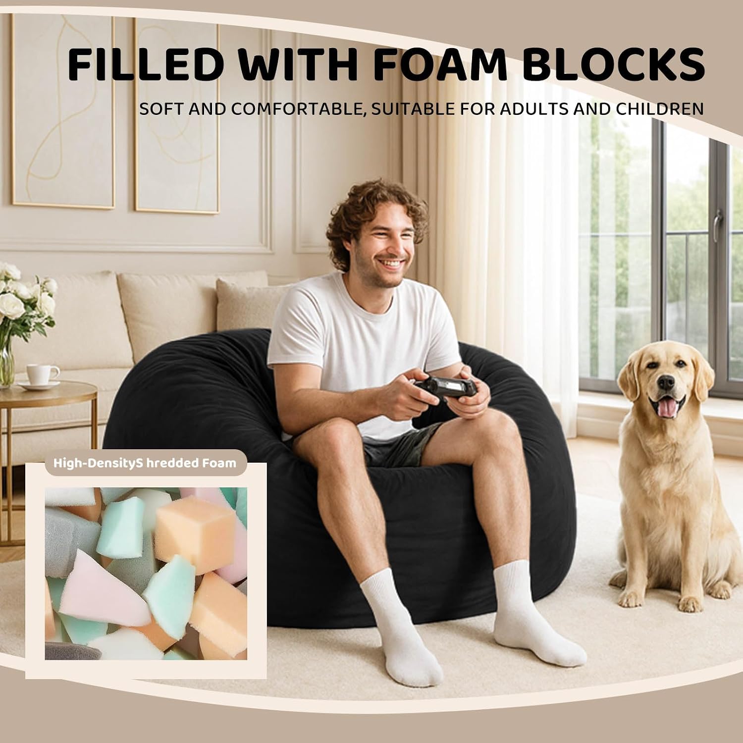 Adult Bean Bag Chair Bed, Bean Bag Sofa with Filling, Memory Foam, Comfortable Floor Sofa Bed, Boneless Floor Chair, Suitable for Living Room Bedroom Dormitory Balcony Lounge (Black, Chair Bed)