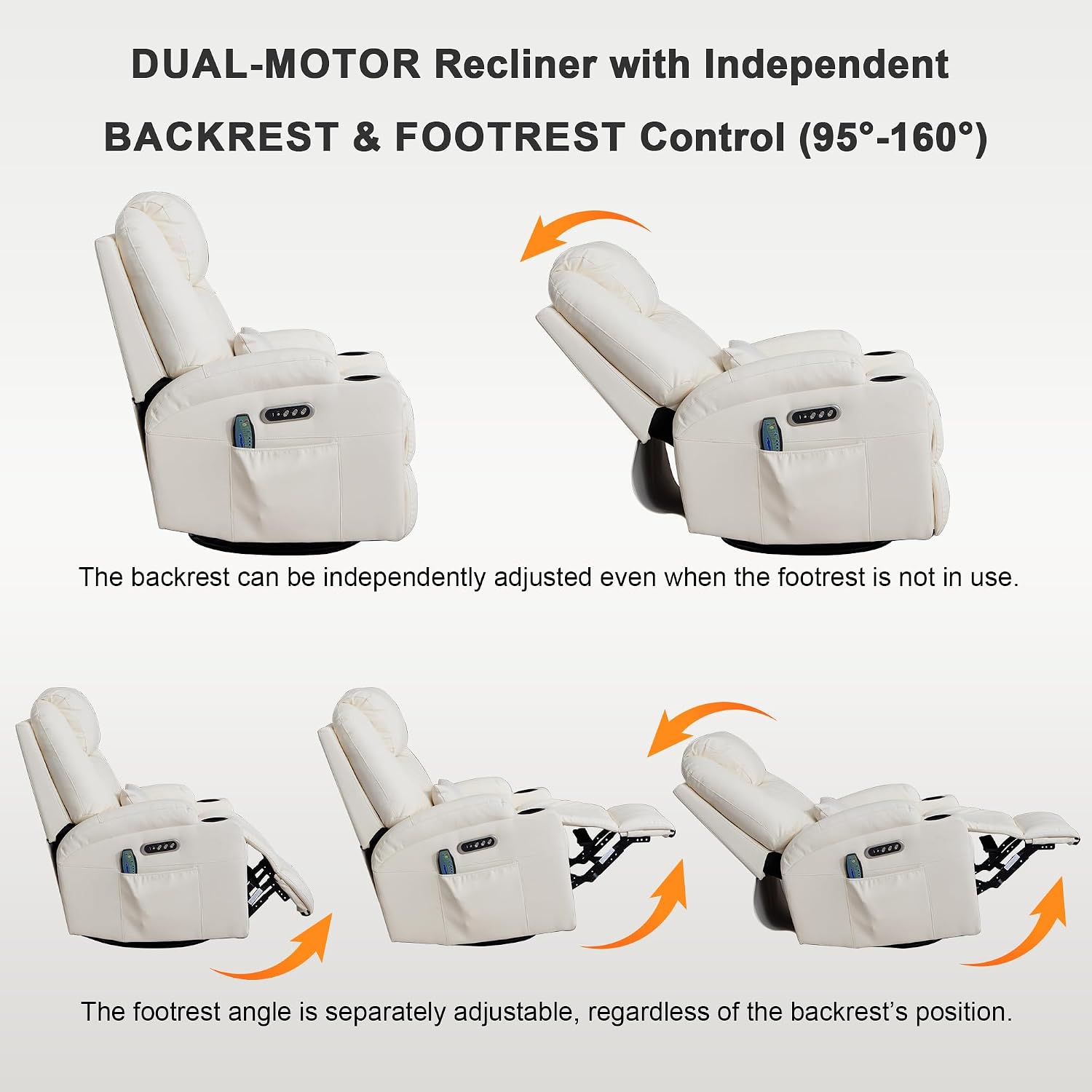Dual Motor Power Swivel Rocker Recliner Chair for Adults with Heat and Massage,Electric Wall Hugger Glider Rocking Recliner for Nursery Living Room with LED Lights,USB A&C Ports(Beige, Single)