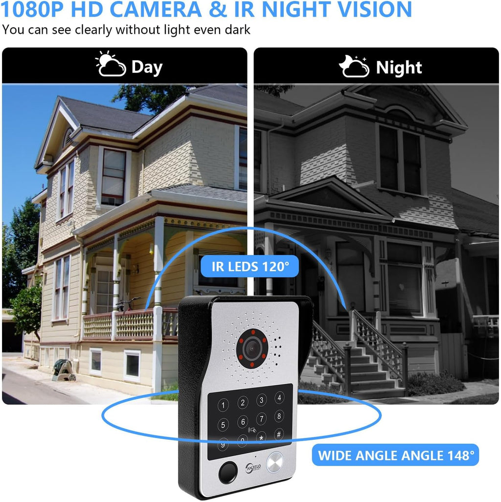 7-Inch Smart Video Intercom System,1080P HD Wired Doorbell with Touchscreen Monitor,Fingerprint, RFID & PIN Unlock,Tuya Smart App Control,Ideal for Homes, Villas & Apartments (1 doorbell + 3 Monitor)