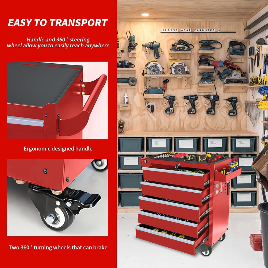 Rolling Tool Chest with Wheels, 5 Drawers Tool Storage Cabinet, Portable Metal Tool Box Organizer with Lock, Tool Cart on Wheels Toolbox Workbench for Garage, Workshop, Warehouse(Required Assembly)