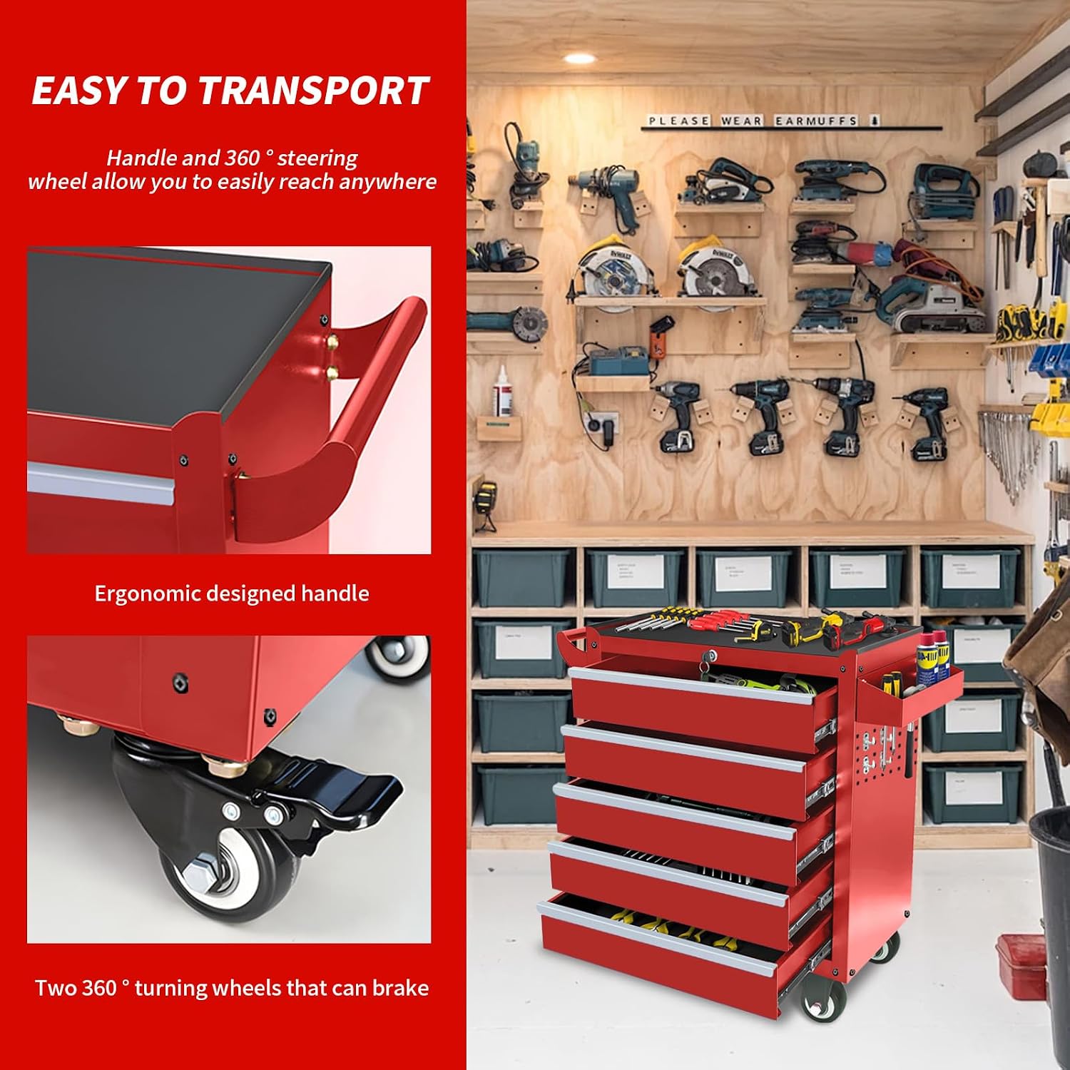 Rolling Tool Chest with Wheels, 5 Drawers Tool Storage Cabinet, Portable Metal Tool Box Organizer with Lock, Tool Cart on Wheels Toolbox Workbench for Garage, Workshop, Warehouse(Required Assembly)