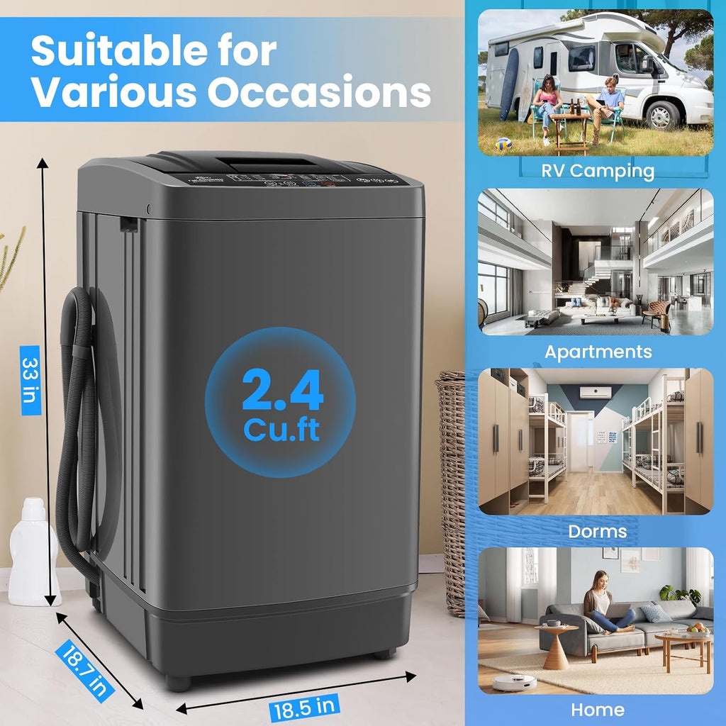 Nictemaw Portable Washing Machine 17.8Lbs, 2.4Cu.ft Full Automatic Portable Washer with 10 Wash Programs, 8 Water Levels & Drain Pump, Compact Laundry Washer for Home, RV, Dorm, Grey