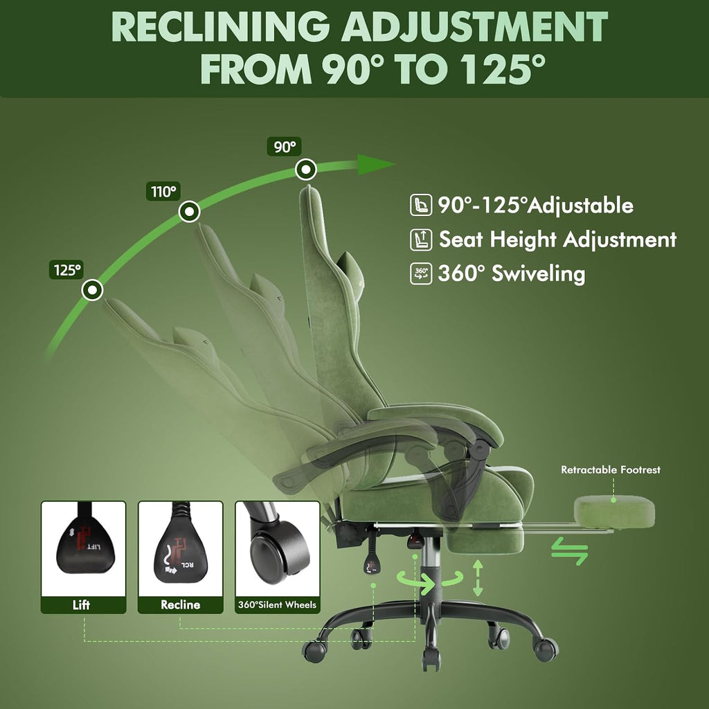 Soontrans Ergonomic Velvet Fabric Gaming Chair with Footrest, Comfortable Video Gamer Chair for Adult, Reclining Office Computer Desk Game Chairs with Massage Lumbar Cushion,Headrest
