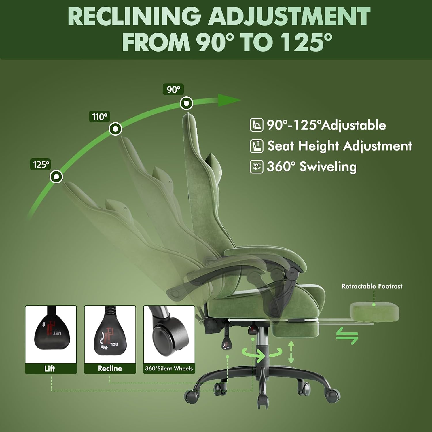 Soontrans Ergonomic Velvet Fabric Gaming Chair with Footrest, Comfortable Video Gamer Chair for Adult, Reclining Office Computer Desk Game Chairs with Massage Lumbar Cushion,Headrest