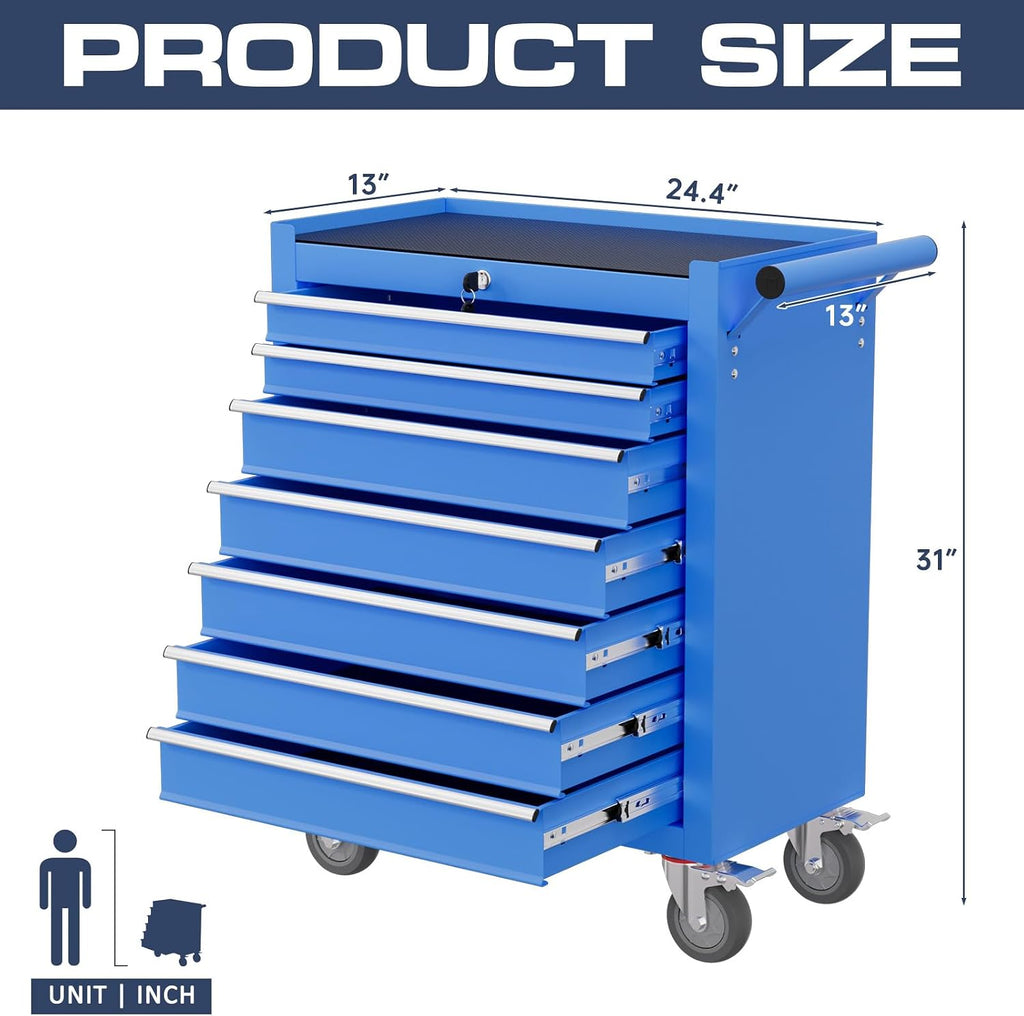 7-Drawer Tool Chest,Rolling Tool Cart with Wheels,High Capacity Tool Cabinet with Locking System for Garage, Warehouse, Workshop-Blue
