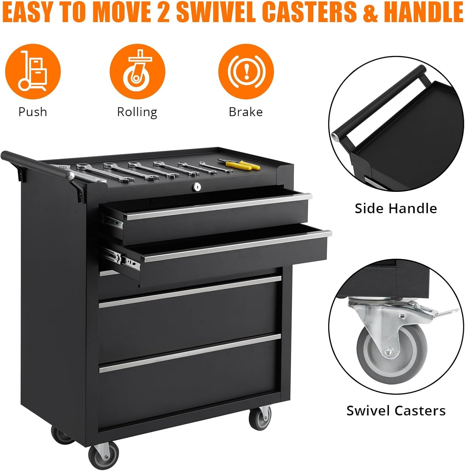 Toolbox with Five Drawers with Key Lock and Drawer Liner Removable on Wheels for garages, Warehouses, workshops and Repair Stores - Black