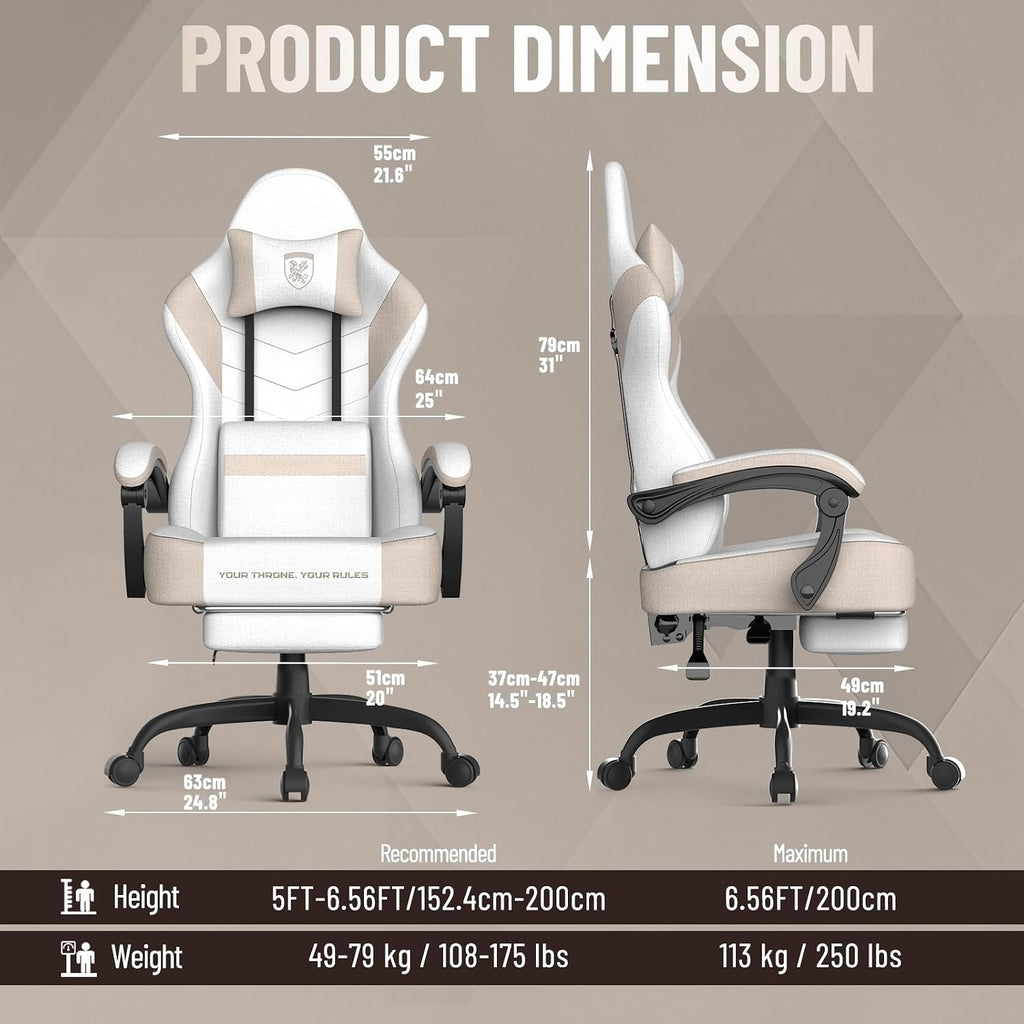 Soontrans Linen Fabric Gaming Chair Beige/Coffee with Footrest, Ergonomic Computer Chair with Massage,Gamer Chair with Adjustable Headrest, Comfortable Office Chair for Home & Gaming