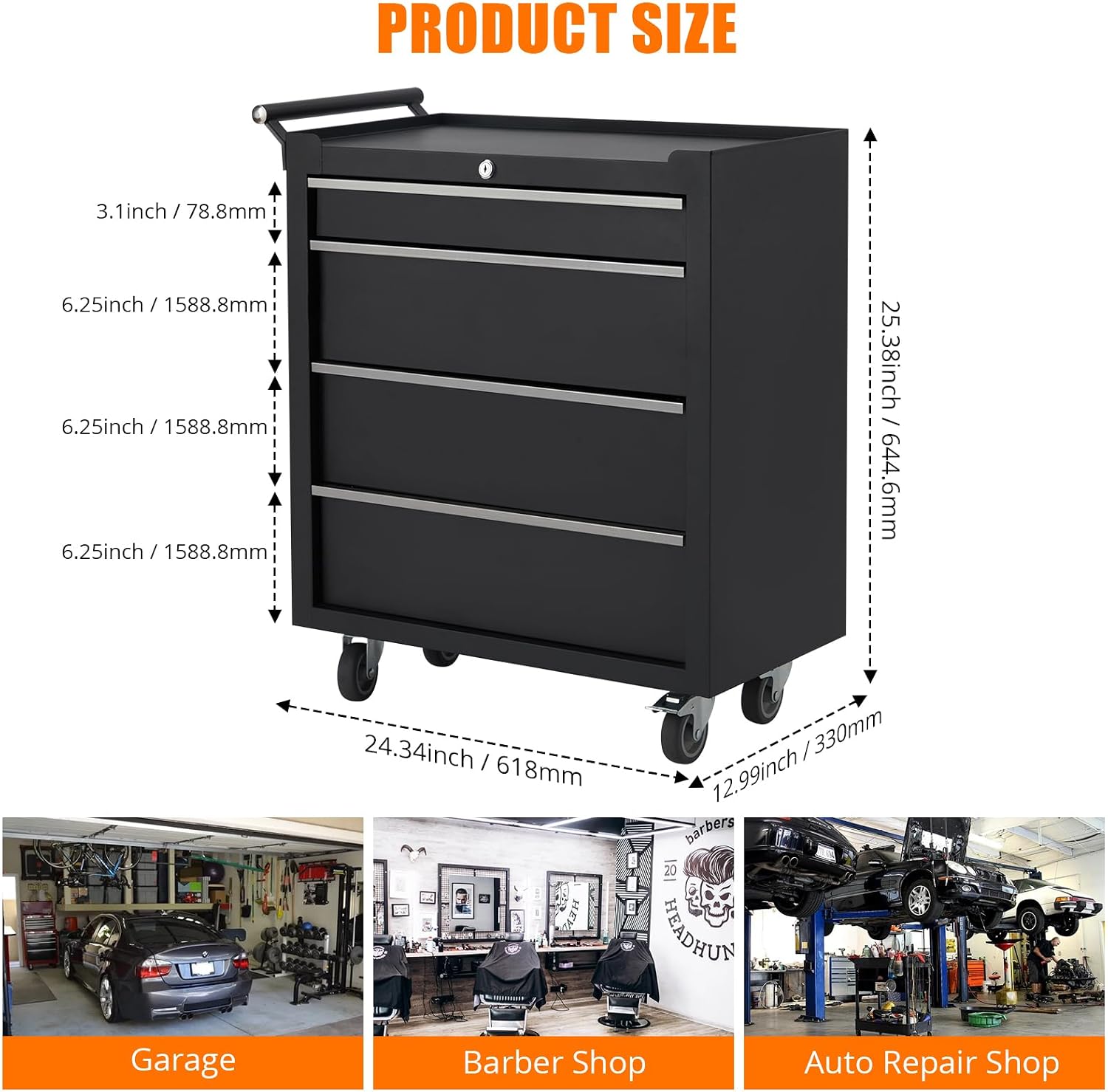 4 Compartment Tool Box 4 Compartment Tool Cart with Drawers Mobile Tool Cabinet with Key Lock and Drawer Liner Black 4 Compartment Drawer for Garages, Warehouses, Workshops and Repair Shops