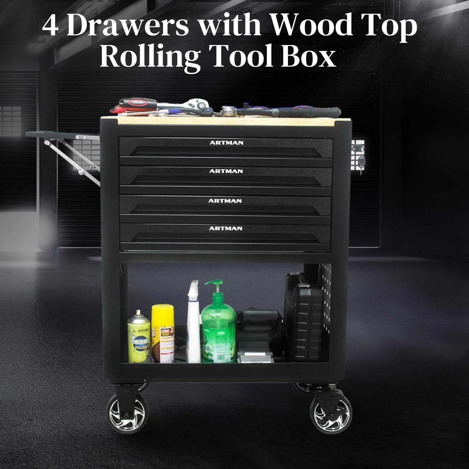 Rolling Tool Cart with 4-Drawer Wood Top Utility Tool Chest on Wheels Mechanic Tool Storage Organizer Cabinet for Garage, Warehouse, Workshop, Repair Shop (Black)
