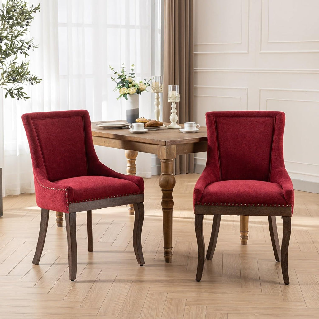 Ball & Cast Mid-Century Upholstered Dining Chairs Set of 2, Thickened Fabric Wing Back Kitchen Side-Chairs with Bronze Nail Head & Toned Solid Wood Legs, 2-Piece Traditional Chair, Wine Red