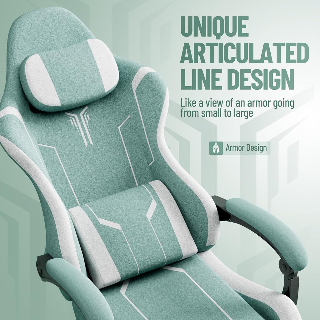 Ferghana Gaming Chair, Cloth Fabric Ergonomic Computer Chair with Massage Lumbar Support, High Back Office Game Chair with Footrest and Linkage Armrest for Adult, Green/White