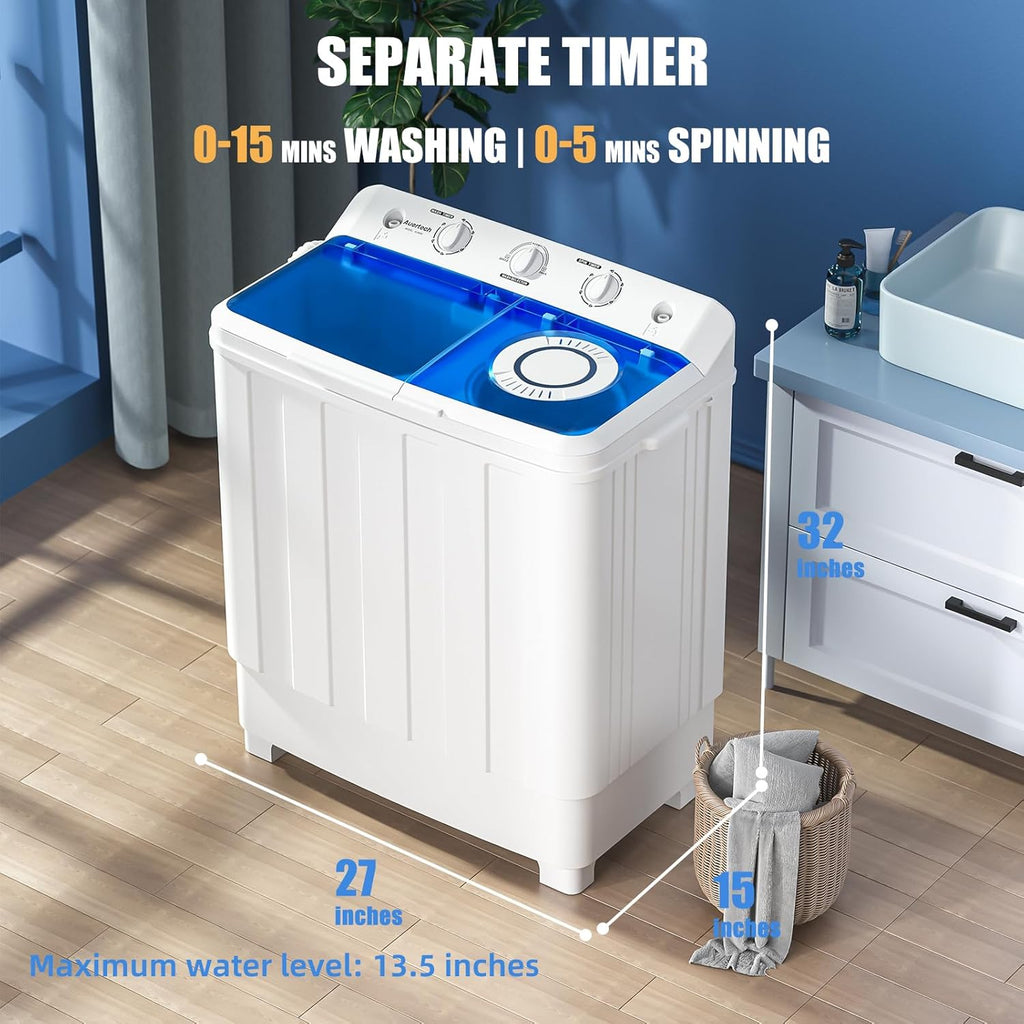 Auertech Portable Washing Machine, 28lbs Twin Tub Washer Mini Compact Laundry Machine with Drain Pump, Semi-automatic 18lbs Washer 10lbs Spinner Combo for Dorms, Apartments, RVs