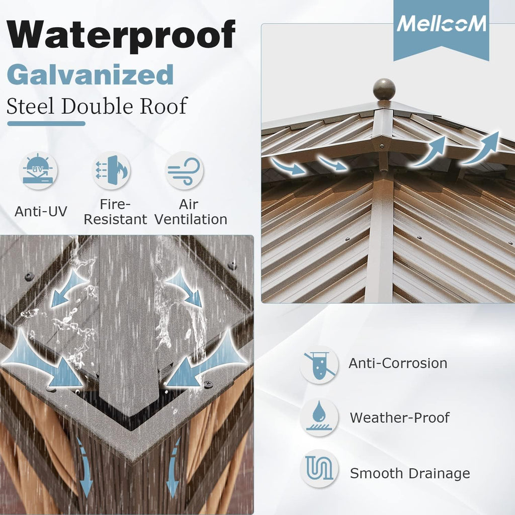 MELLCOM 12'x20' Hardtop Gazebo, Galvanized Steel Metal Double Roof Aluminum Gazebos with Curtains and Netting, Brown Permanent Pavilion with Aluminum Frame for Patio, Lawn & Garden