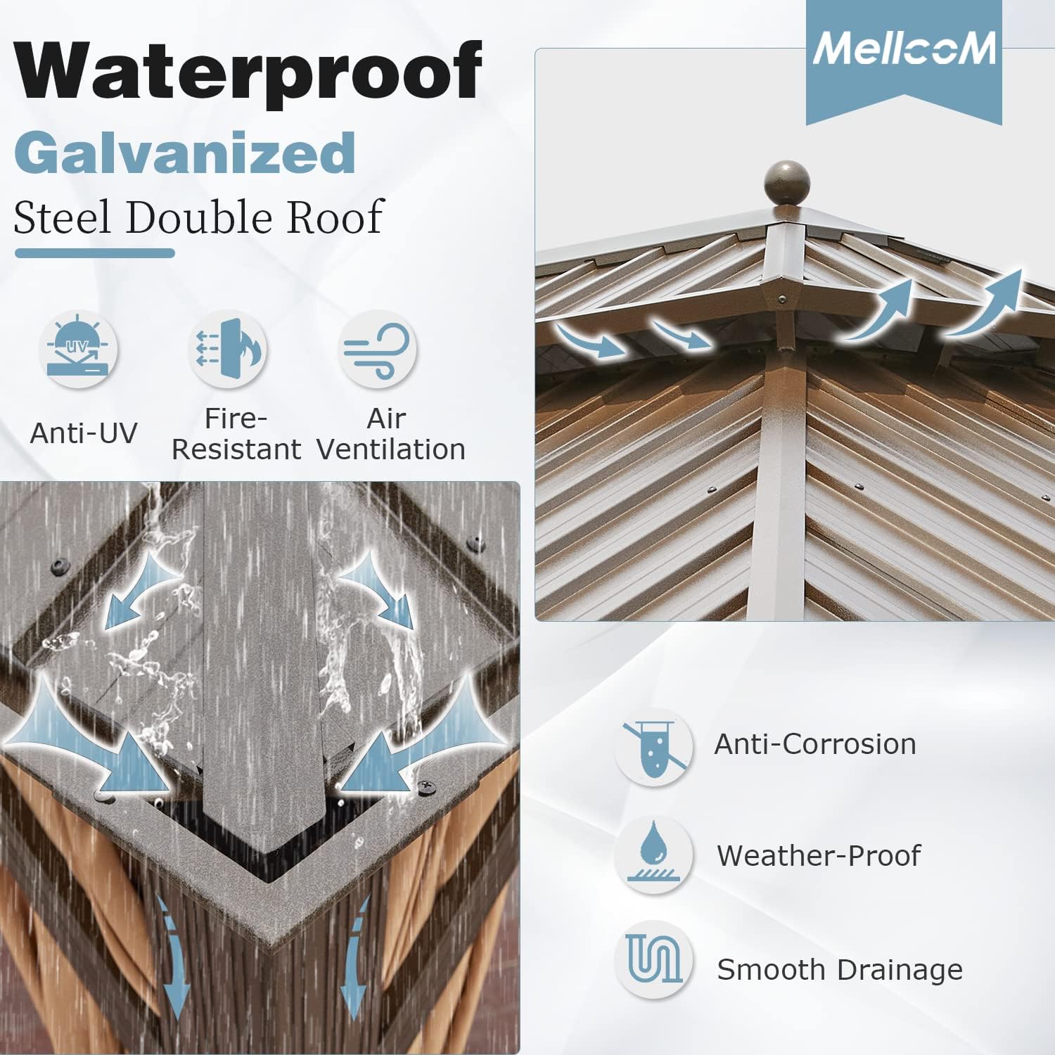 MELLCOM 12'x20' Hardtop Gazebo, Galvanized Steel Metal Double Roof Aluminum Gazebos with Curtains and Netting, Brown Permanent Pavilion with Aluminum Frame for Patio, Lawn & Garden