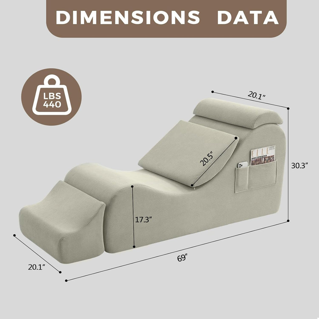 Yoga Chair Lounge for Adult, Ergonomic Chaise Lounge Chair with Side Pocket, Headrest, Waist Pad, Ottoman，Perfect for Stretching, Massage, and Relaxation, Used in Living Room, Bedroom