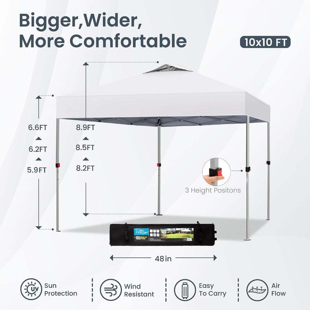 PHI VILLA Pop-up Canopy 10x10 Patio Tent Instant Gazebo Canopy with Wheeled Bag, Portable Lightweight Folding w/Adjustable Height,White