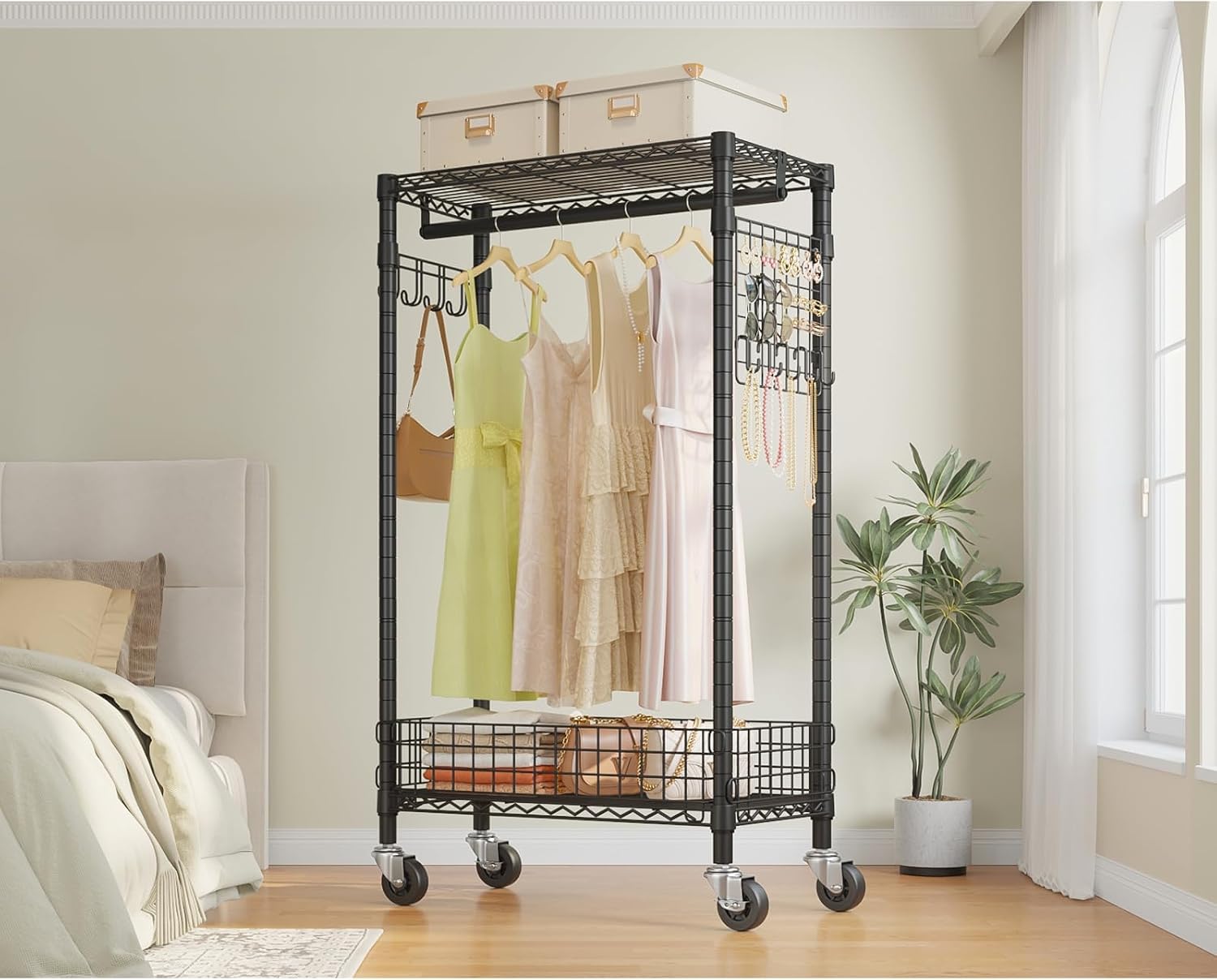 VIPEK R1 Rolling Clothes Rack with Pegboard Organizer Portable Closet for Hanging Clothes with Lockable Wheels & Removable Basket, Compact Clothing Rack for Small Spaces Apartments/Bedroom, Black