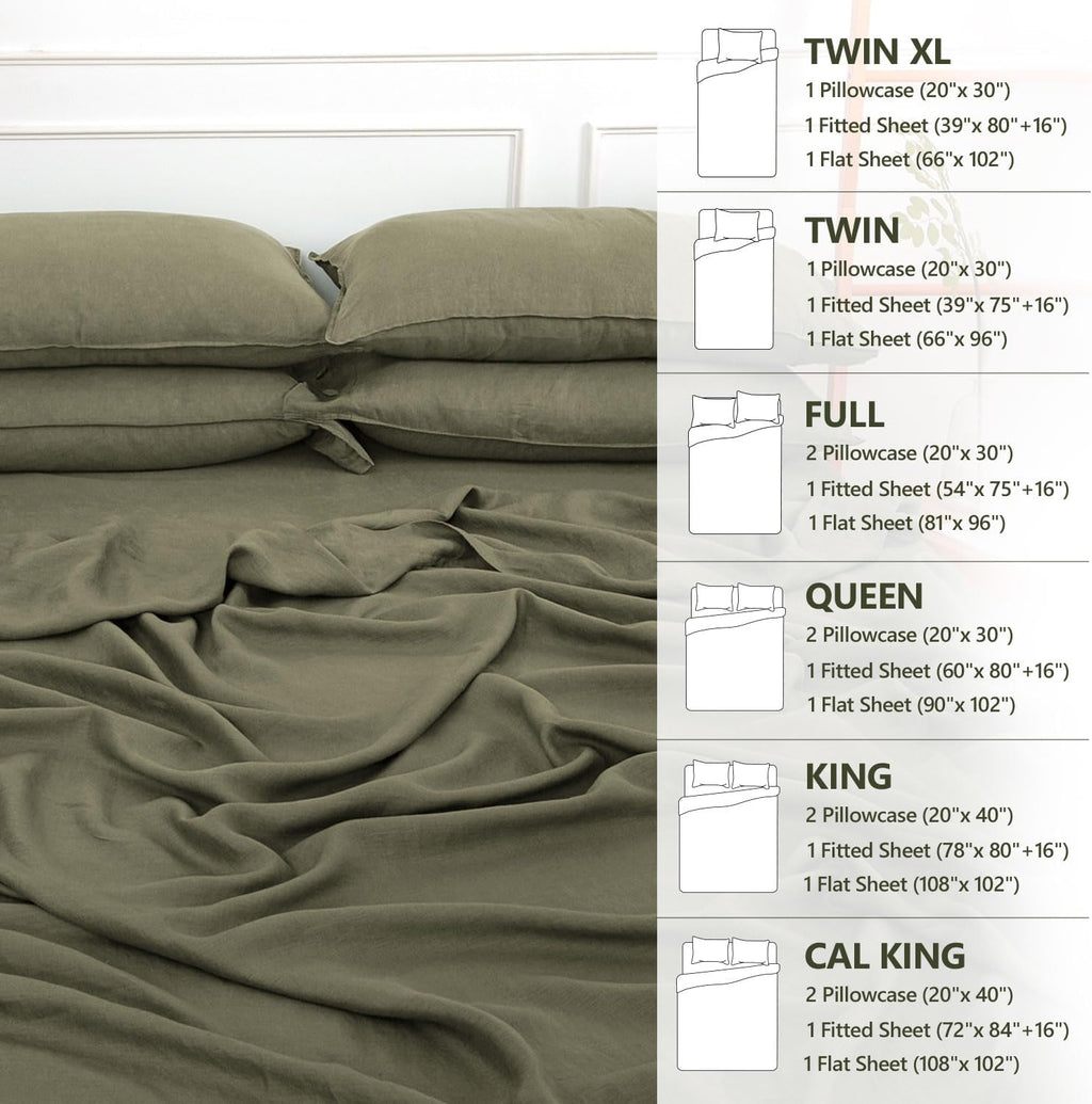 S VICTORY SYMBOL 100% Organic Linen Sheets Set King Size,Washed French Flax Bed Sheets 4Pcs(2 Pillowcases,1 Fitted Sheet,1 Flat Sheet) Breathable Soft,Burnt Olive