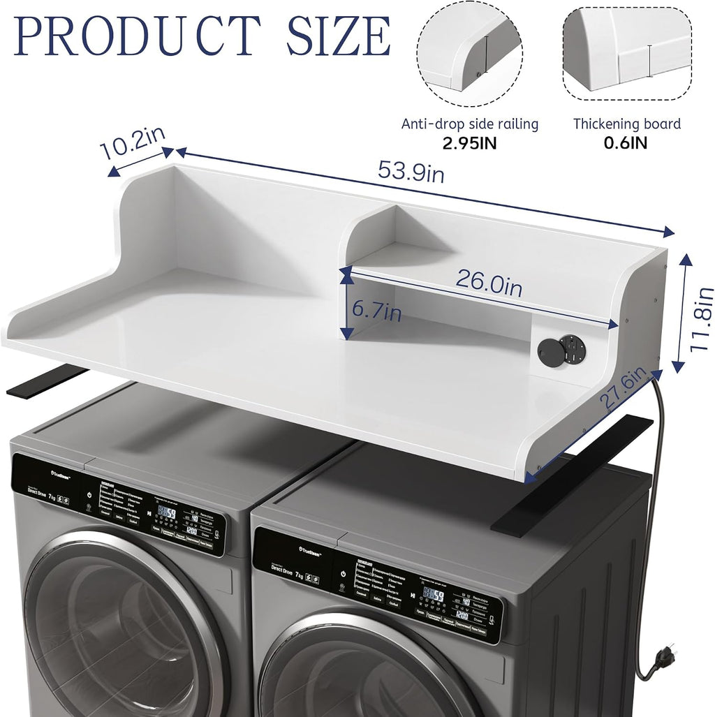 DTK Washer Dryer Countertop with Charging Station, 2 Tier Laundry Countertop with Anti-Slip Strips, 27.55' Depth x 54' Width, Wood Dryer Cover with Shelf,White (White)