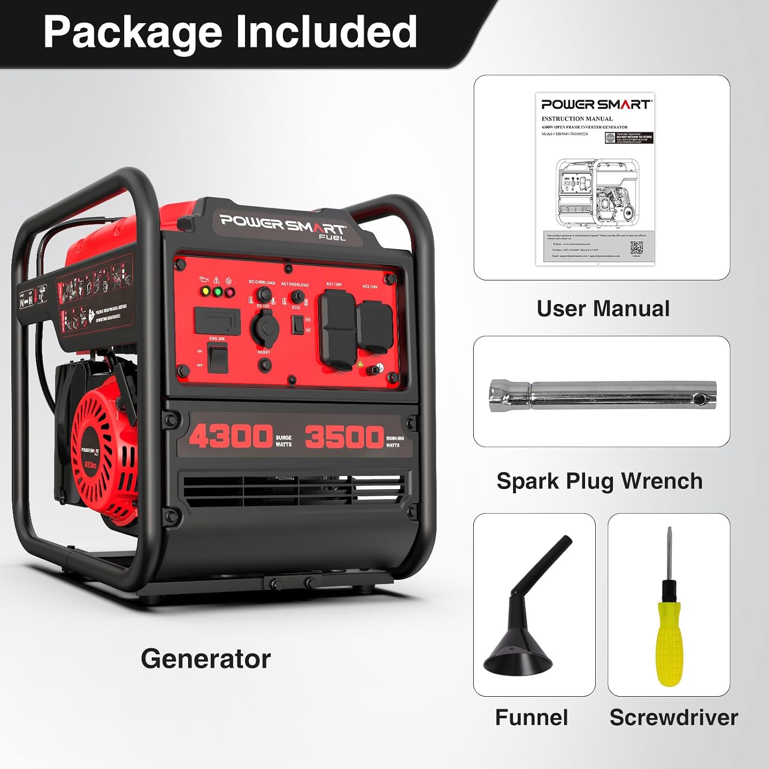 PowerSmart 4300W Portable Inverter Generator, 3500W Rated, 223cc 4-Stroke Gas Powered Engine, Pure Sine Wave for Sensitive Electronics, RV Ready with 30A Outlet, Home Backup, Camping, Emergency