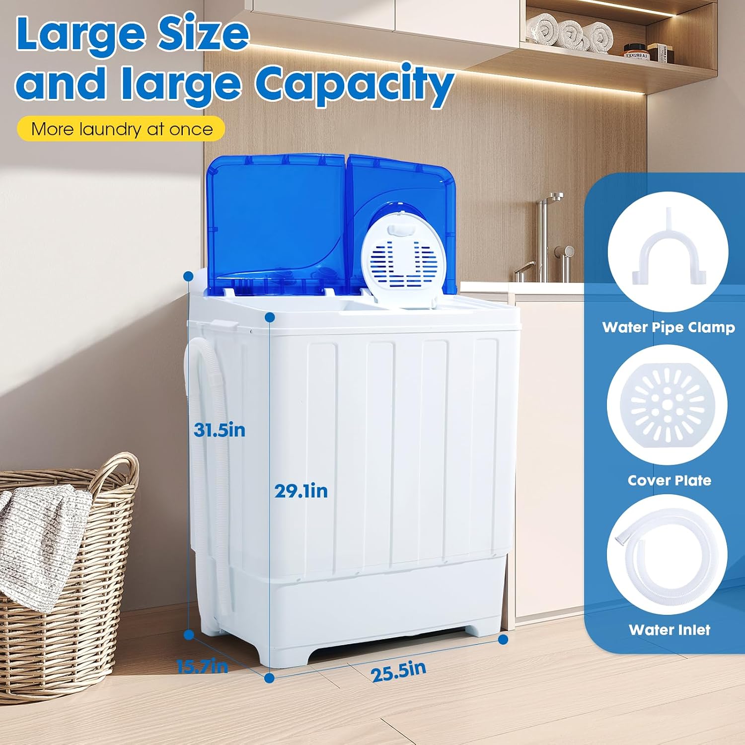 Dawmilon Portable Washing Machine Twin Tub - 28lbs Compact Washer (18lbs) and Spinner Dryer (10lbs) Combo with Drain Pump - Semi Automatic Washing Machine for Apartments, Dorms, RVs, Camping - Blue
