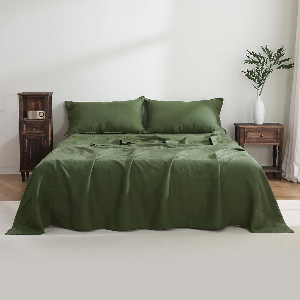 100% French Linen Sheets Set Cal King Size-4Pcs Natural Washed Flax Bed Sheets Soft Breathable and Durable- 1 Flat Sheet 1 Fitted Sheet 2 Pillowcases (Green, Cal King)