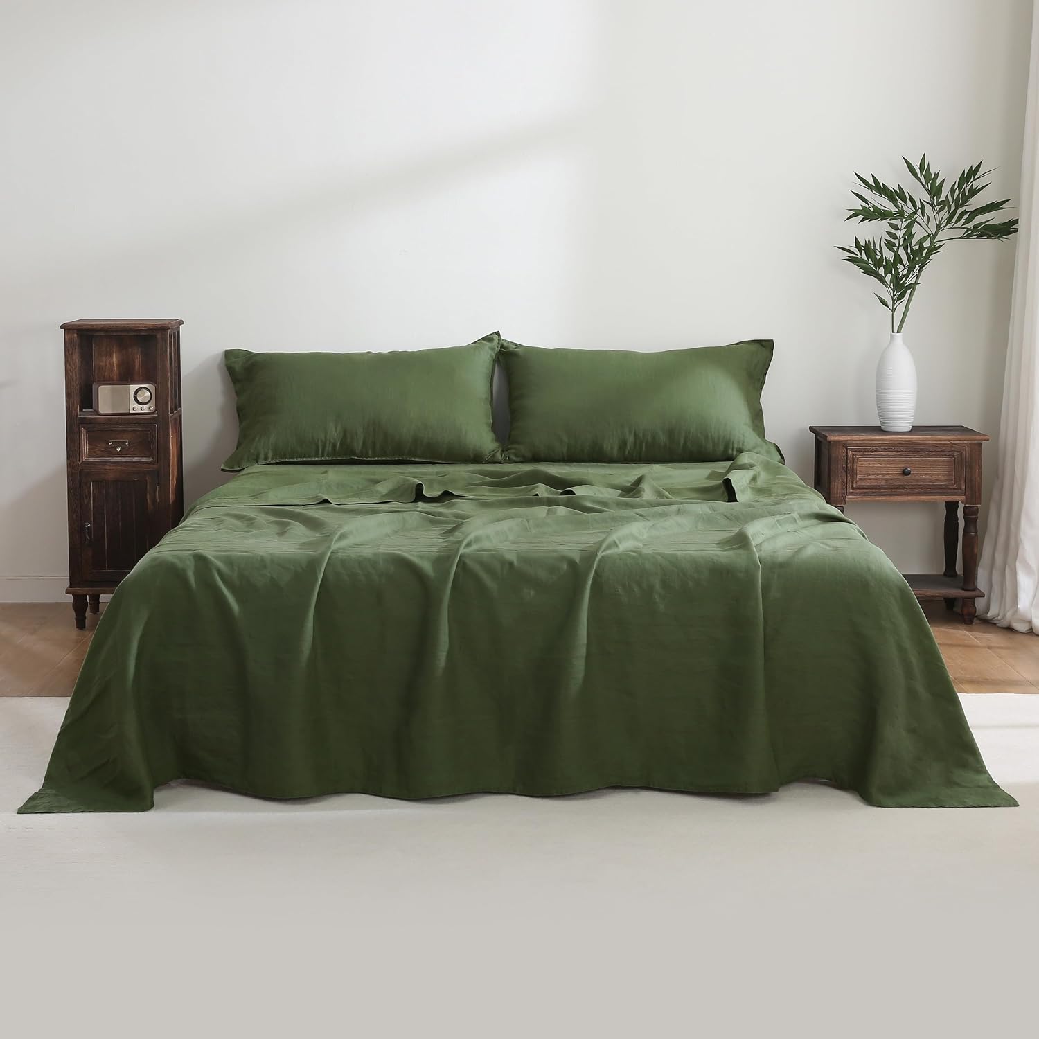 100% French Linen Sheets Set Cal King Size-4Pcs Natural Washed Flax Bed Sheets Soft Breathable and Durable- 1 Flat Sheet 1 Fitted Sheet 2 Pillowcases (Green, Cal King)