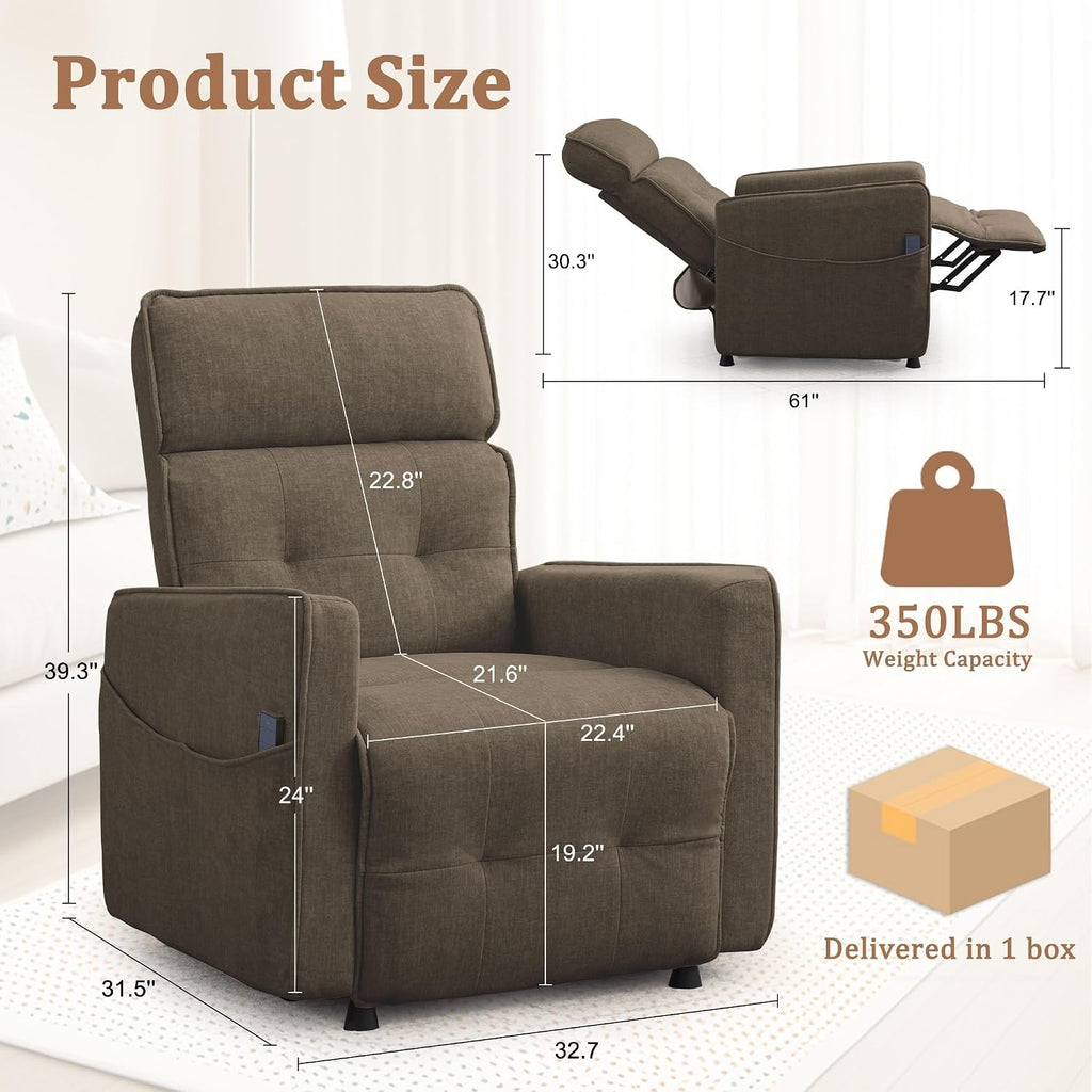 Korser Power Recliner Chair for Adults, Electric Recliner Chairs for Living Room, Comfy Recliners Cashmere Reclining Chair with One-Touch Adjustment & Side Pockets for Reading, Bedroom, Lounge, Brown