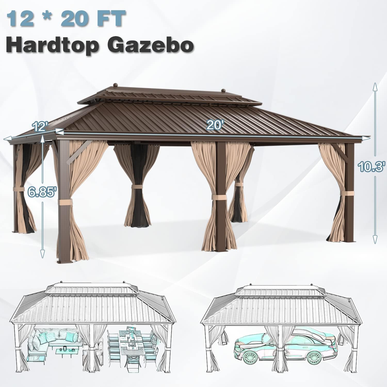 MELLCOM 12'x20' Hardtop Gazebo, Galvanized Steel Metal Double Roof Aluminum Gazebos with Curtains and Netting, Brown Permanent Pavilion with Aluminum Frame for Patio, Lawn & Garden