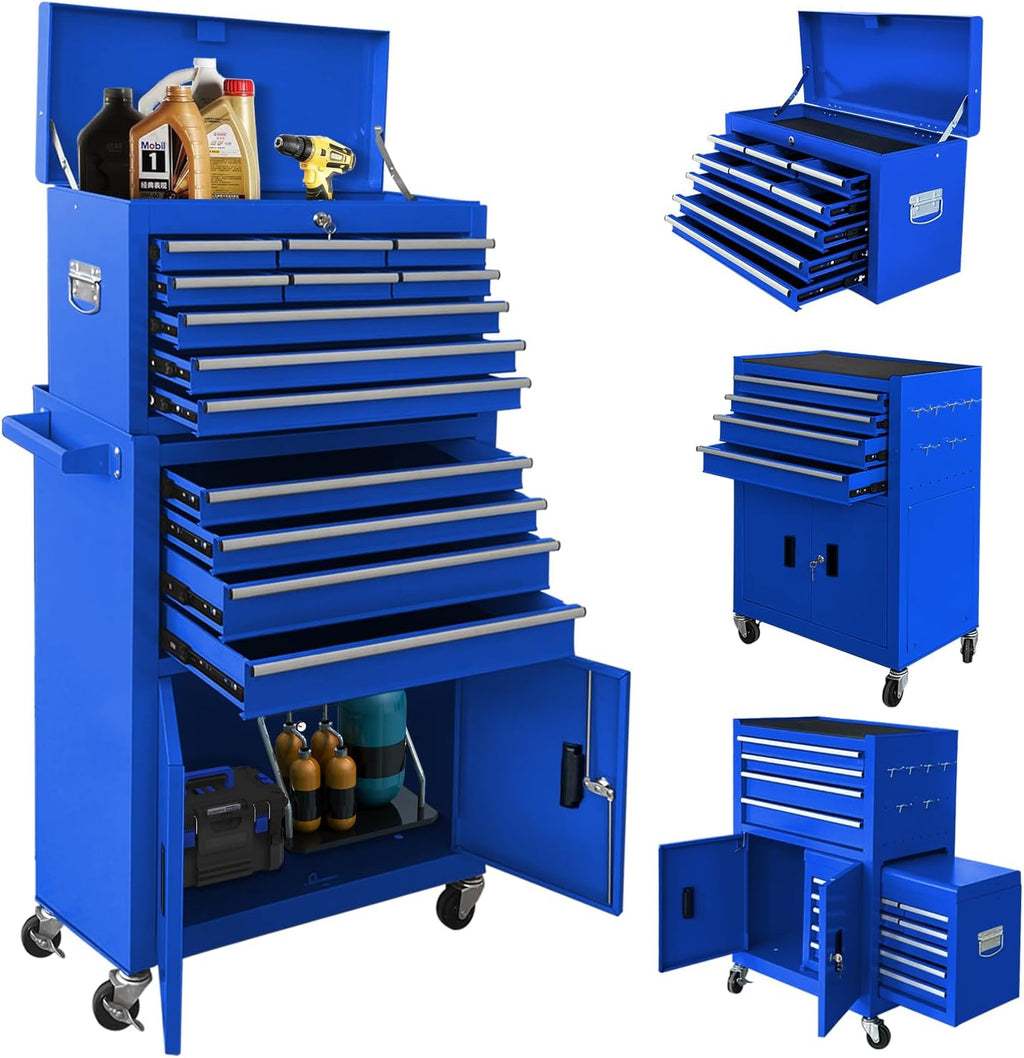13-Drawer Rolling Tool Chest with Double Doors, 2 in 1 Detachable Rolling Tool Chest Combo, Mobile Tool Cabinet with Drawers, Metal Large Lockable Tool Box for Garage Workshop (Blue)