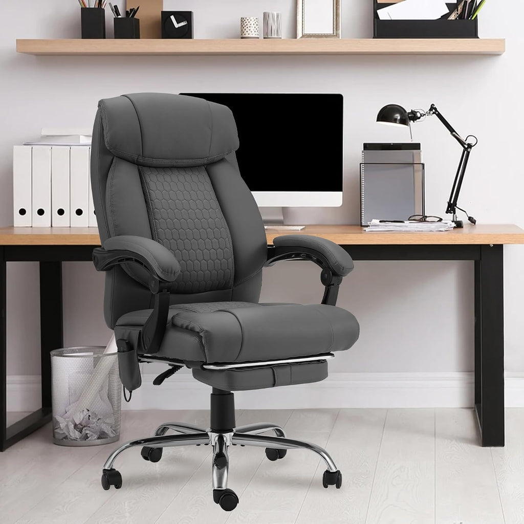 HOMREST 4-Point Massage Office Chair with Heating and Footrest, Reclining Executive Leather Desk Chair, Ergonomic Heated Managerial Chair for Home Office, Grey