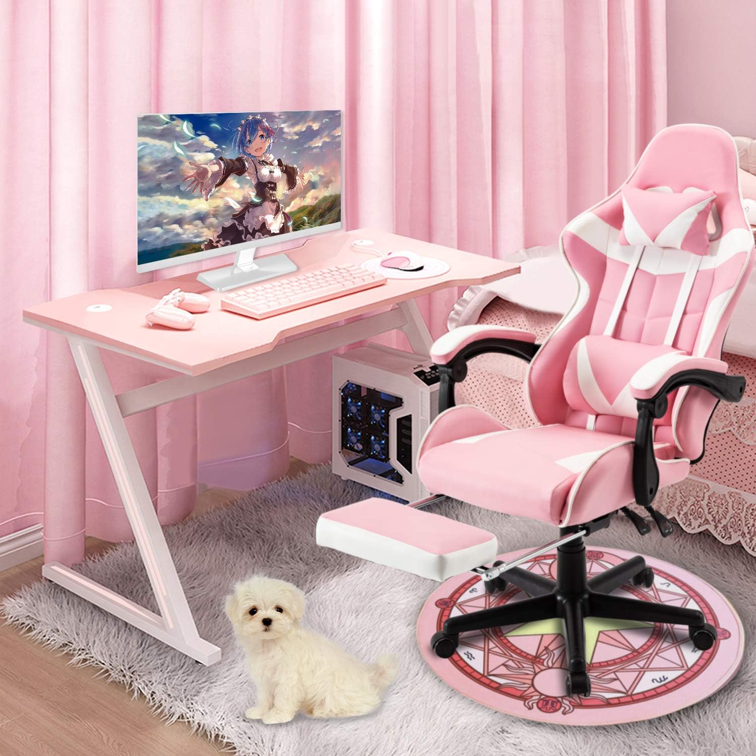 Soontrans Pink Gaming Chairs with Footrest,Ergonomic PC Computer Game Chair,Lovely Home Office Desk Pink Chair with Headrest and Lumbar Support Gamer Chair for Girls