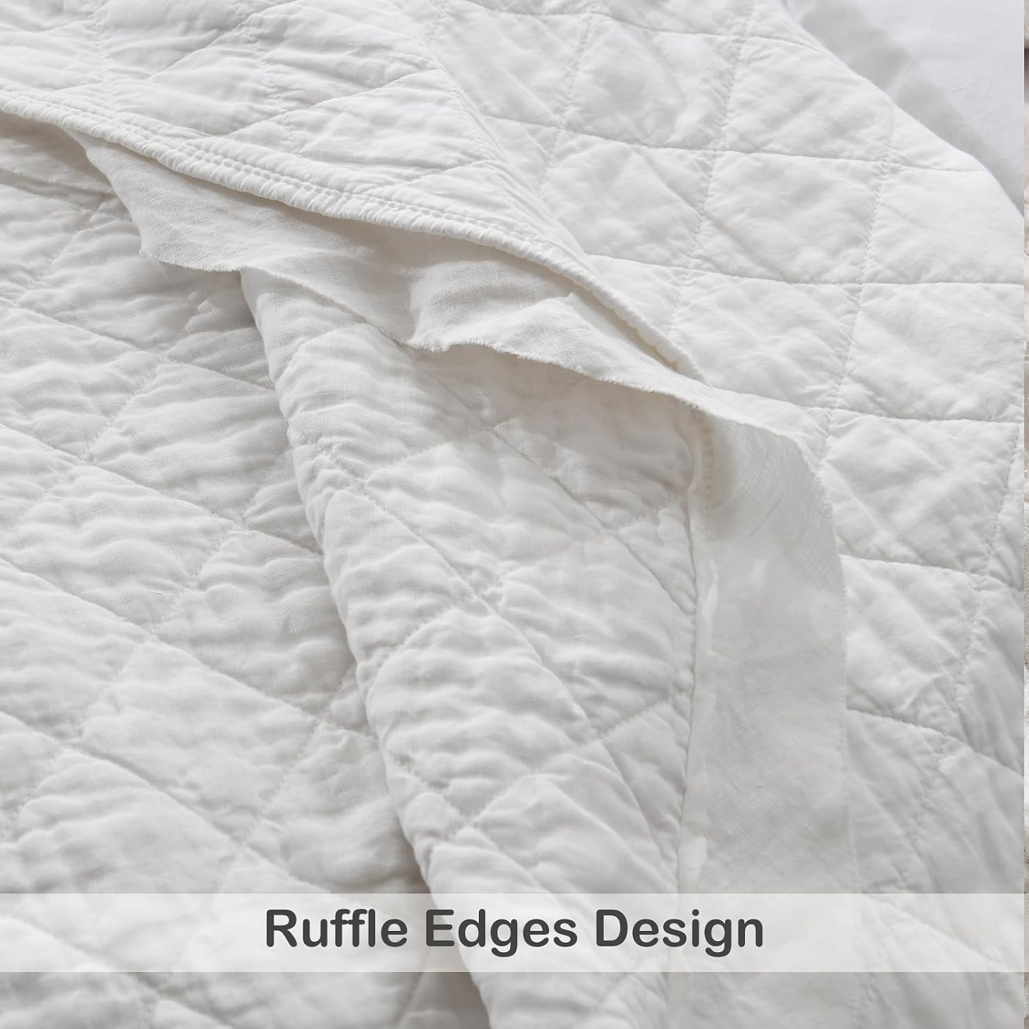 HORIMOTE HOME 100% Linen Front/100% Cotton Back Quilt Set King Size, White Pre-Washed European Flax Linen Quilt, Diamond Stitch Bedspread Coverlet Bedding Set 3-Piece for All Seasons