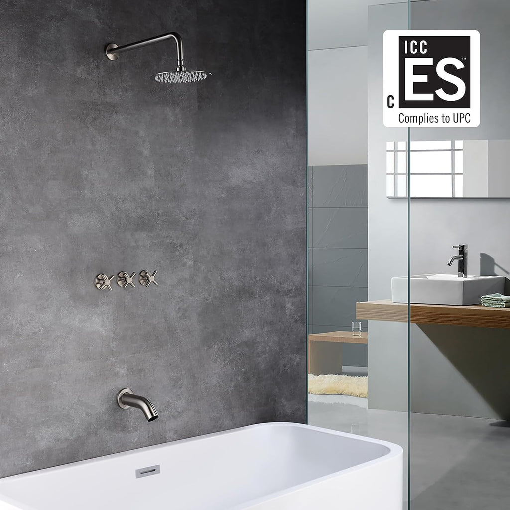 Tub and Shower Faucet Set 3 Handle with Valve Brushed Nickel High Flow Waterfall Tub Spout and Rain Shower Head SUMERAIN