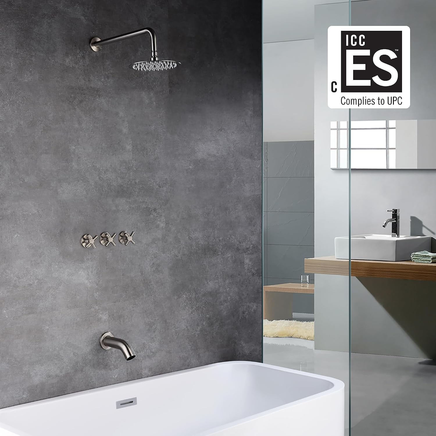 Tub and Shower Faucet Set 3 Handle with Valve Brushed Nickel High Flow Waterfall Tub Spout and Rain Shower Head SUMERAIN