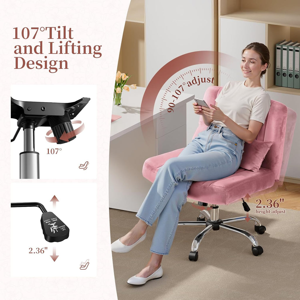 Warmiehomy Velvet Criss Cross Desk Chair with Wheels, Luxury Cross Legged Office Chairs for Home Office, Swivel Wide Seat Vanity Chair, Armless Adjustable Height Gaming Chair Gift, Dusty Rose