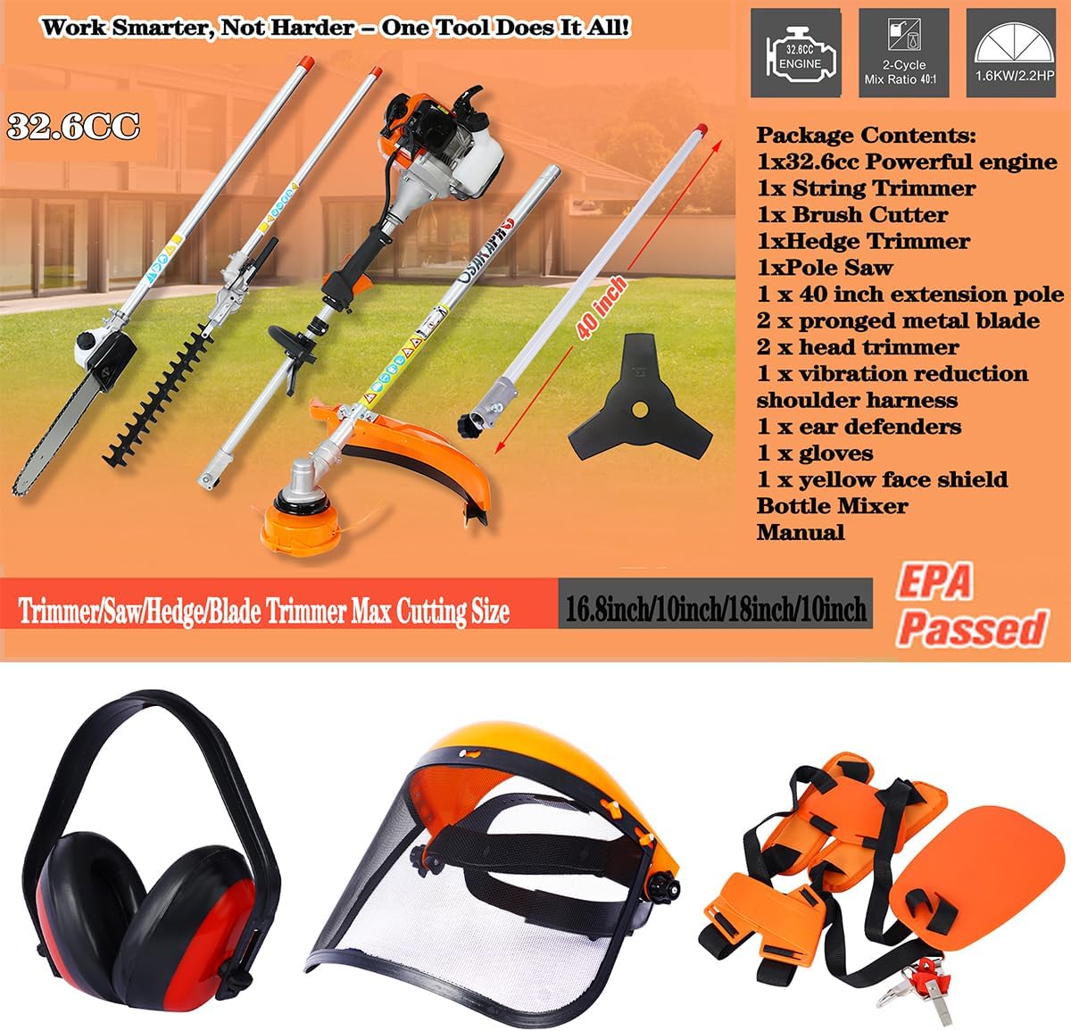 52cc 2-Cycle Gas Multi-Trimmer | 10-in-1 String Trimmer w/Rotatable 40' Pole Saw, Weed Eater Weed Wacker, Brush Cutter & Hedge Trimmer Gas for Lawn, Yard, Garden Care, All-in-one Garden Tool
