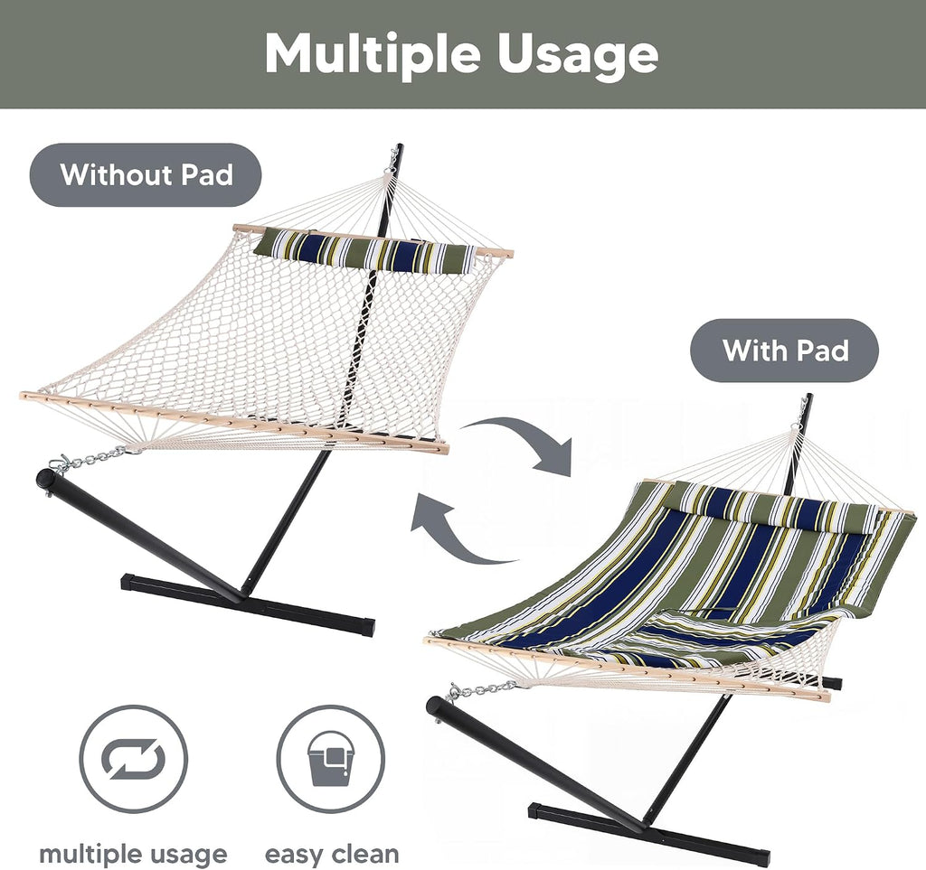 SUNCREAT Hammocks Double Outdoor Hammock with Stand, Cotton Rope Two Person Hammock with Polyester Pad & Large Pillow, Carrying Bag, Blue& Gray