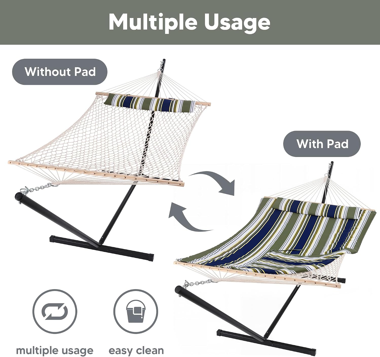 SUNCREAT Hammocks Double Outdoor Hammock with Stand, Cotton Rope Two Person Hammock with Polyester Pad & Large Pillow, Carrying Bag, Blue& Gray