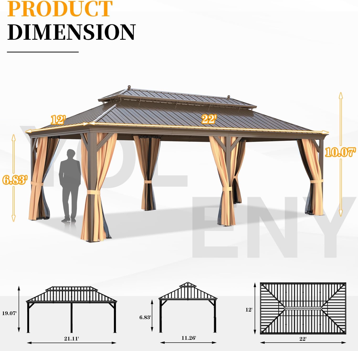 YOLENY 12'x22' Hardtop Gazebo, Galvanized Steel Double Roof Canopy with Aluminum Frame Permanent Metal Pavilion with Netting and Curtains for Patio Backyard Deck and Lawns