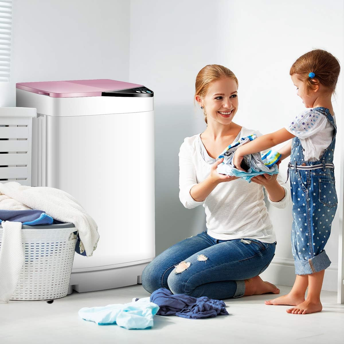 Waterjoy Portable Washing Machines, 7.7 lbs Load Capacity Portable Washer and Dryer Combo with Built-in Barrel Light & LED Display for Household and Apartment （Pink）