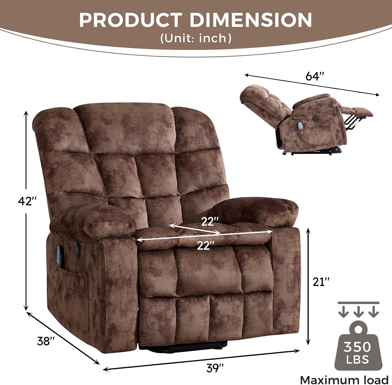 IOMOR Power Lift Recliner Chair for Elderly with Vibration Massage and Lumbar Heating, Overstuffed Electric Lift Chair with 2 Side Pockets and Cup Holders, USB & Type-C for Living Room, Textile Brown