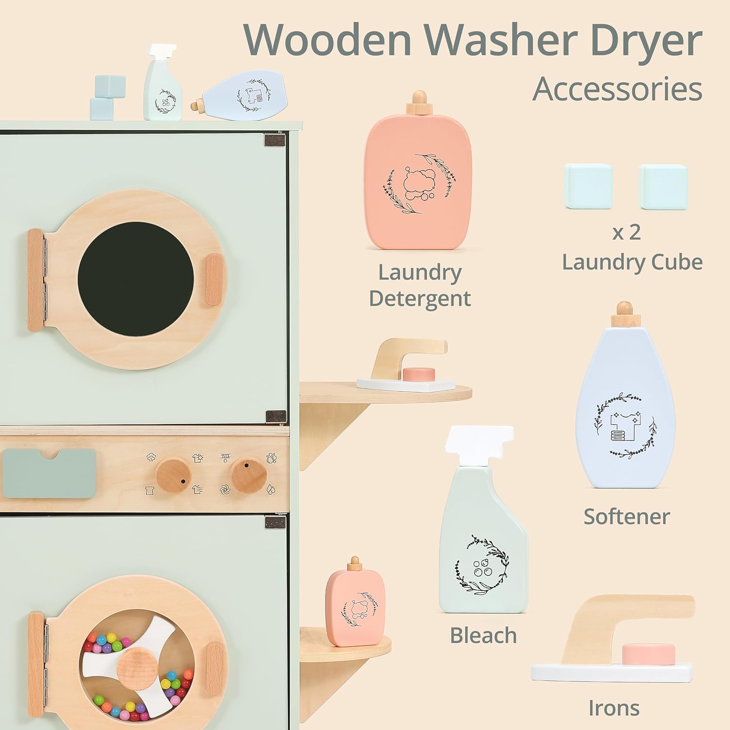 Pillowhale Wooden Washer-Dryer Playset for Kids – 2-in-1 Laundry Center Toy, Dual-Opening Doors, Spinning Drum & Click-Knobs, Basket + Iron Accessories – Montessori Pretend Play Gift Ages 3-6