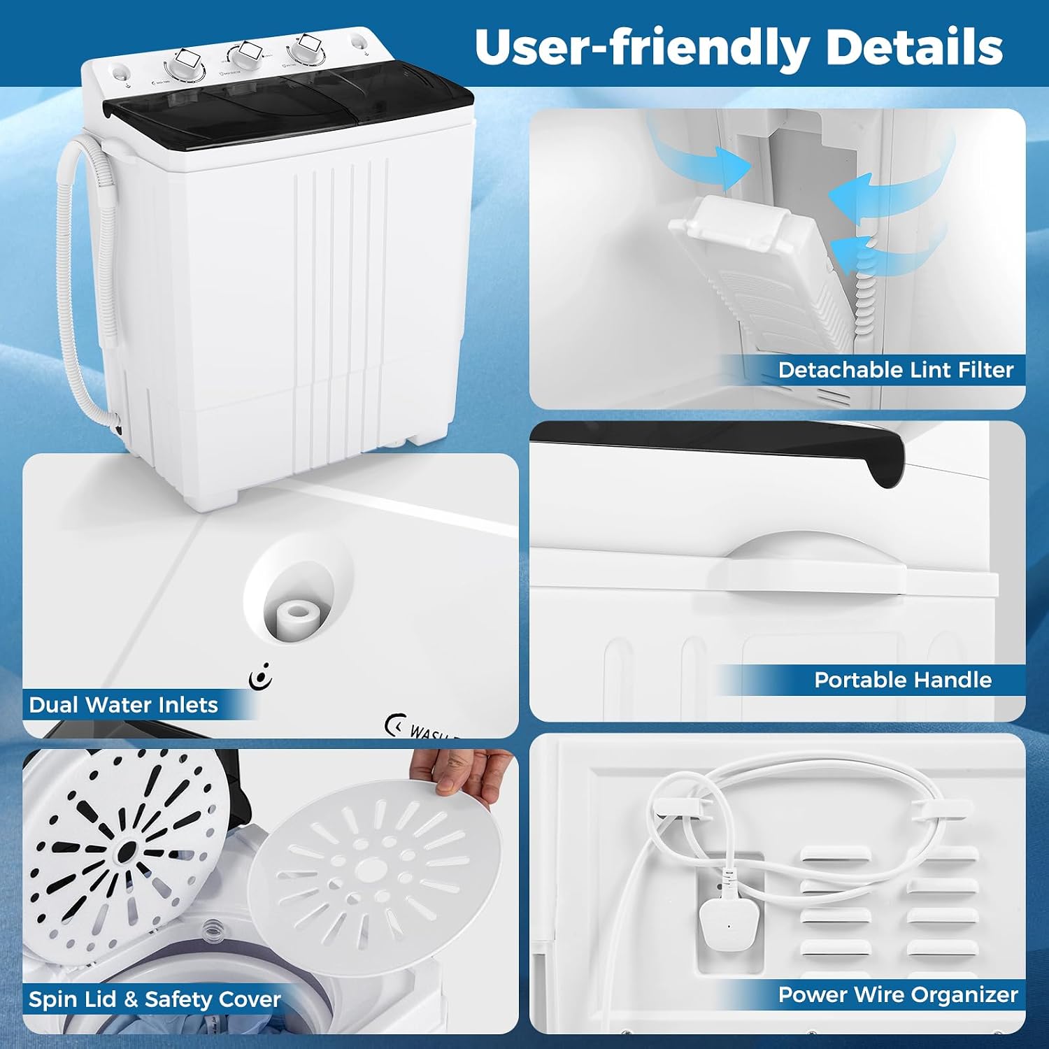 COSTWAY Portable Washing Machine, Twin Tub 20 Lbs Capacity with Drain Pump, Laundry Washer 12 Lbs and Spinner 8 Lbs with Timer Control, Perfect for Apartment Dorm RV, Black+White