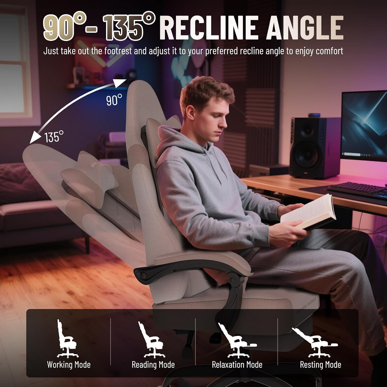 Soontrans Linen Fabric Gaming Chair Beige/Coffee with Footrest, Ergonomic Computer Chair with Massage,Gamer Chair with Adjustable Headrest, Comfortable Office Chair for Home & Gaming