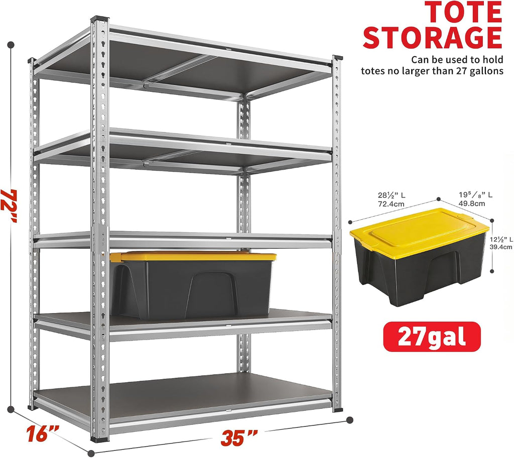 2200LBS Heavy Duty Storage Shelves, 5-Tier Adjustable Metal Shelving Unit with Waterproof PP Boards,Garage Storage Rack for Pantry Basement Warehouse,35'W x 16'D x 72'H,2 Pack Sliver Shelves