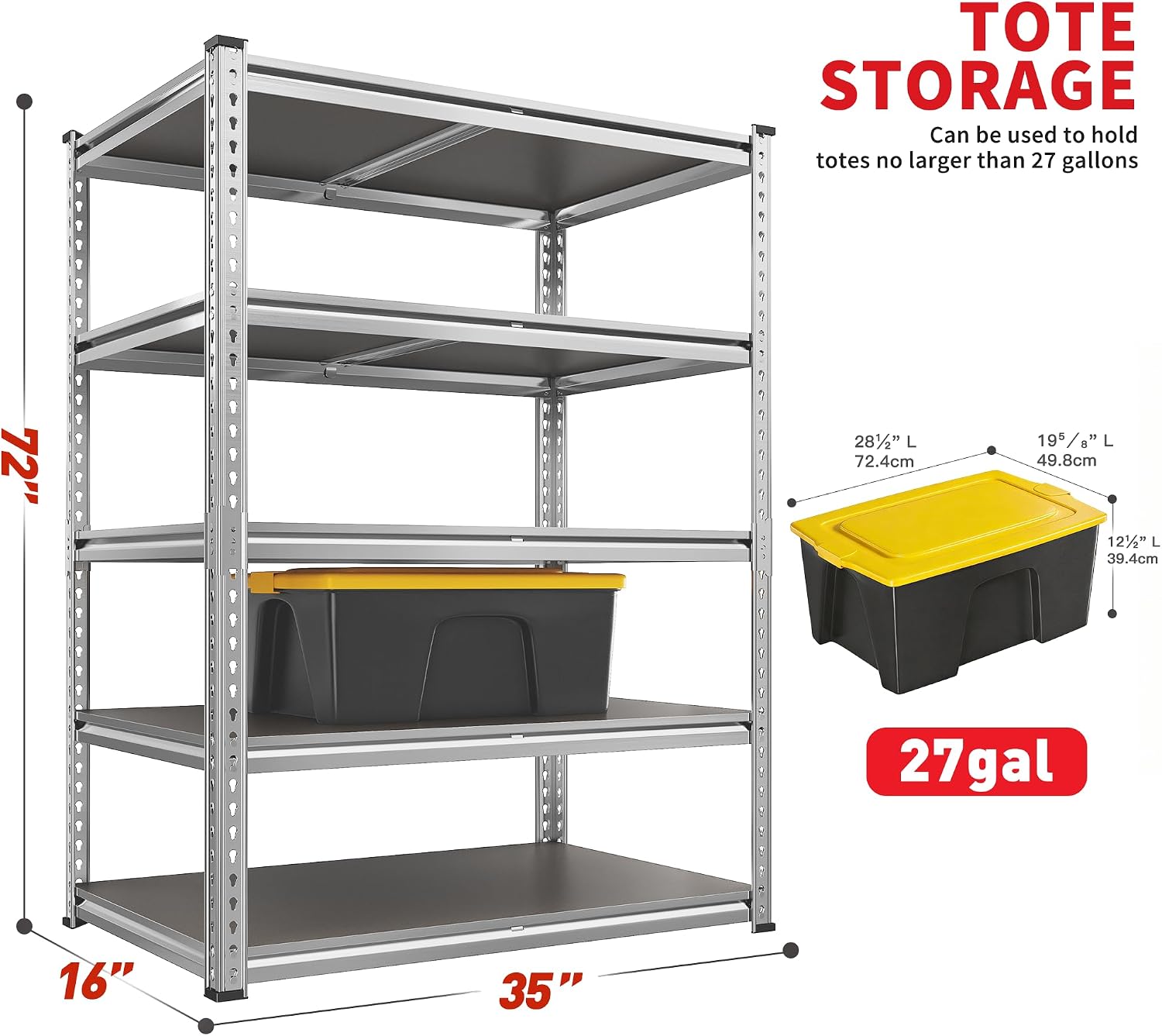 2200LBS Heavy Duty Storage Shelves, 5-Tier Adjustable Metal Shelving Unit with Waterproof PP Boards,Garage Storage Rack for Pantry Basement Warehouse,35'W x 16'D x 72'H,2 Pack Sliver Shelves