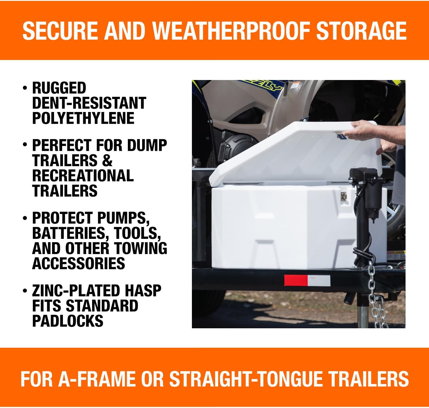 Buyers Products 1701679 White Poly Trailer Tongue Box, 18 x 19 x 36 Inch, Made in the USA, Trailer Tongue Tool Box For Storage And Organization, Trailer Storage Box